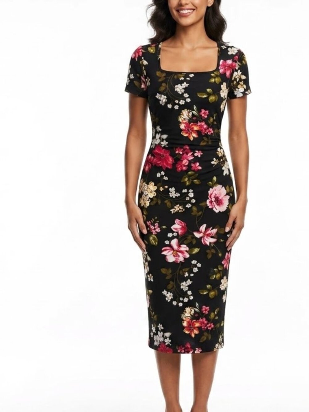 LOVEMOOD Dark Cottagecore Square Neck Floral Sheath Dress Black Pink M